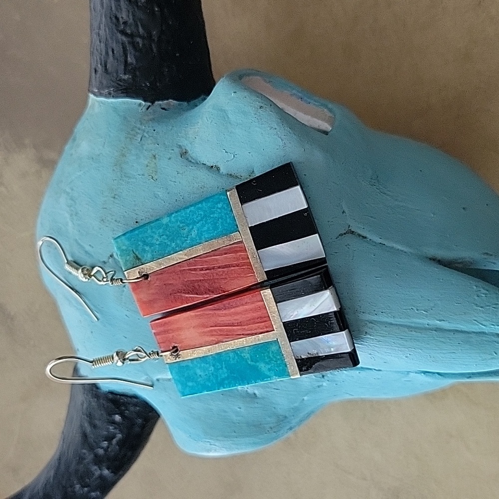 Santo Domingo Pueblo Turquoise Spiny Oyster Inlaid Dangle Earrings Southwestern - Picture 5 of 9